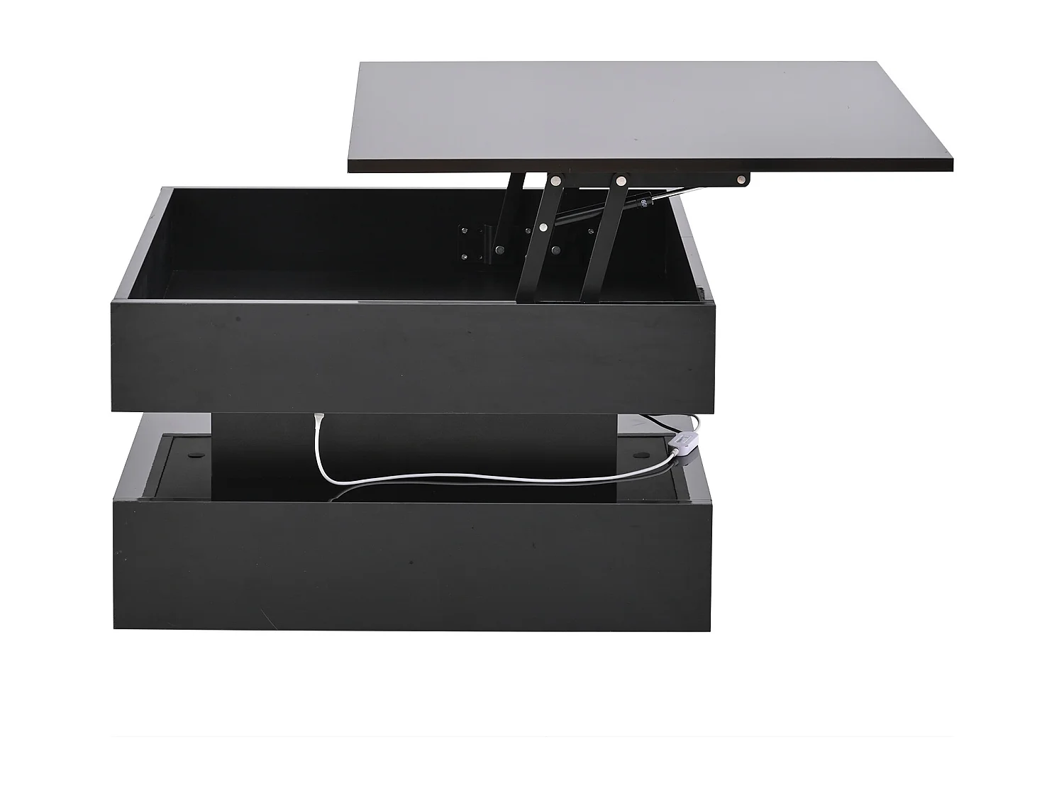 Table basse 65x65x 38.5 cm rehaussable éclairage LED 2 tiroirs rangement intégré noir salon contemporain