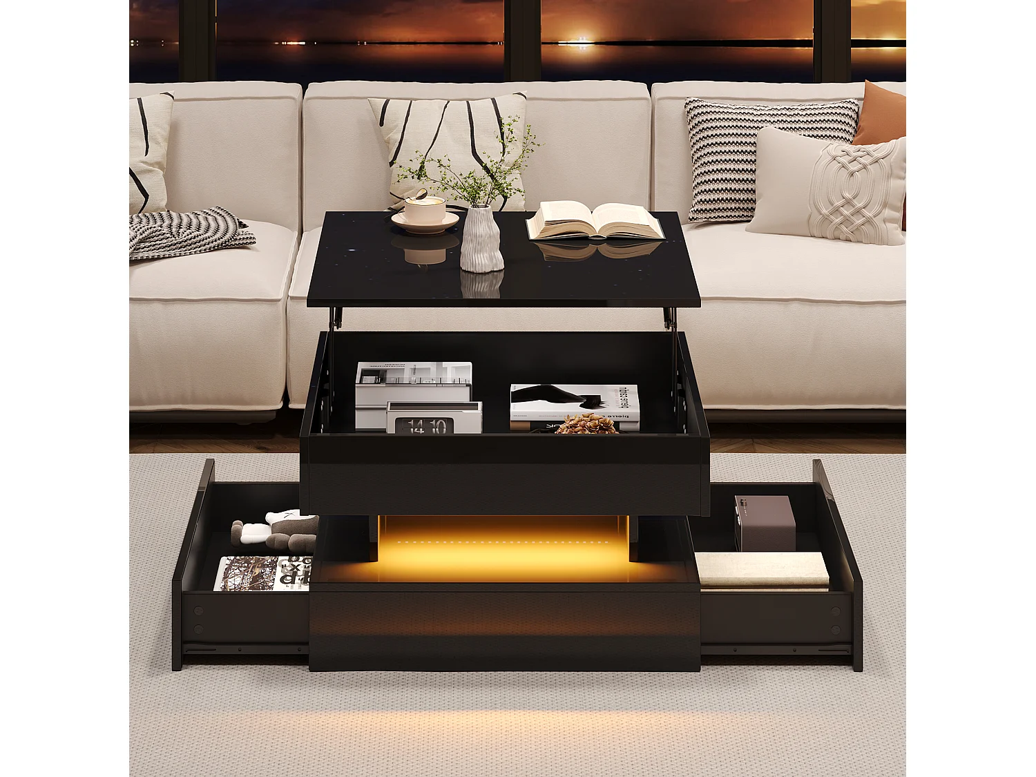 Table basse 65x65x 38.5 cm rehaussable éclairage LED 2 tiroirs rangement intégré noir salon contemporain