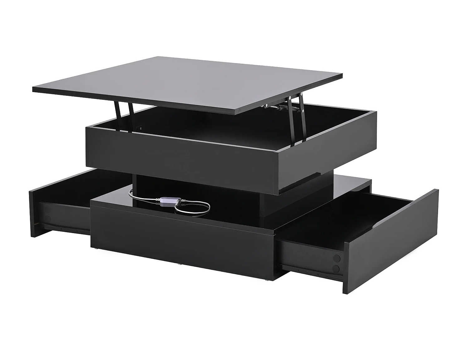 Salontafel 65x65x 385 cm in hoogte verstelbaar LED-verlichting 2 lades geïntegreerde opbergruimte zwart moderne woonkamer