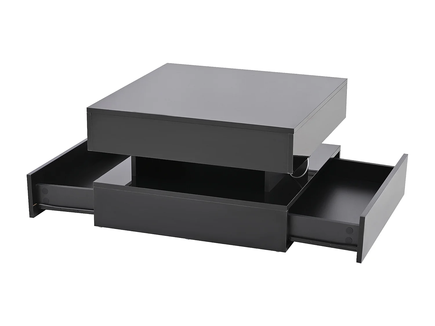 Table basse 65x65x38.5 cm, plateau relevable, rangement caché, 2 tiroirs, panneau de particules, noir