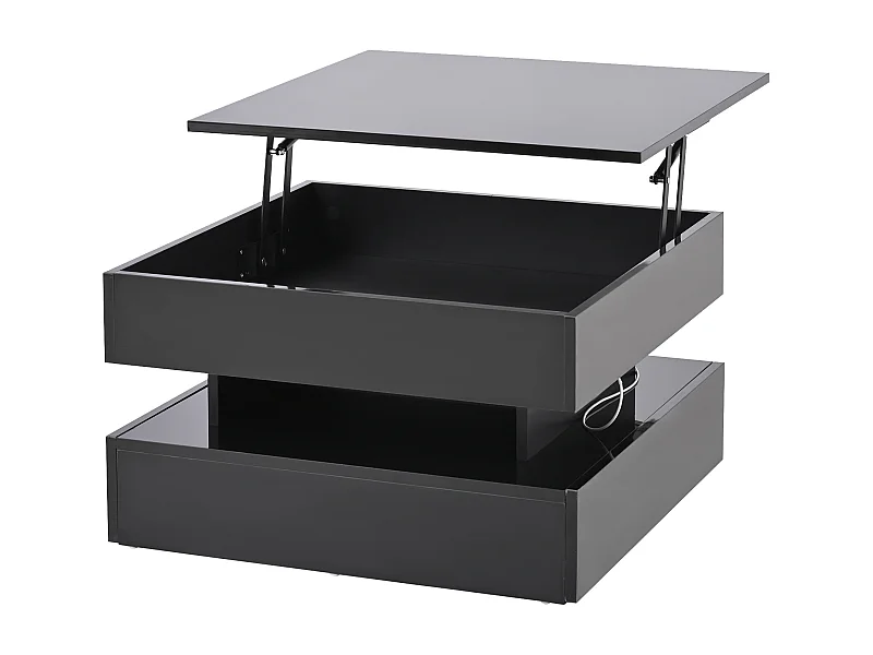 Table basse 65x65x38.5 cm, plateau relevable, rangement caché, 2 tiroirs, panneau de particules, noir