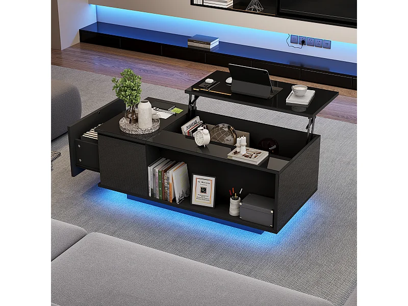 Table basse 100x50x40 cm LED réglable tiroir rangement intégré prise noir salon contemporain