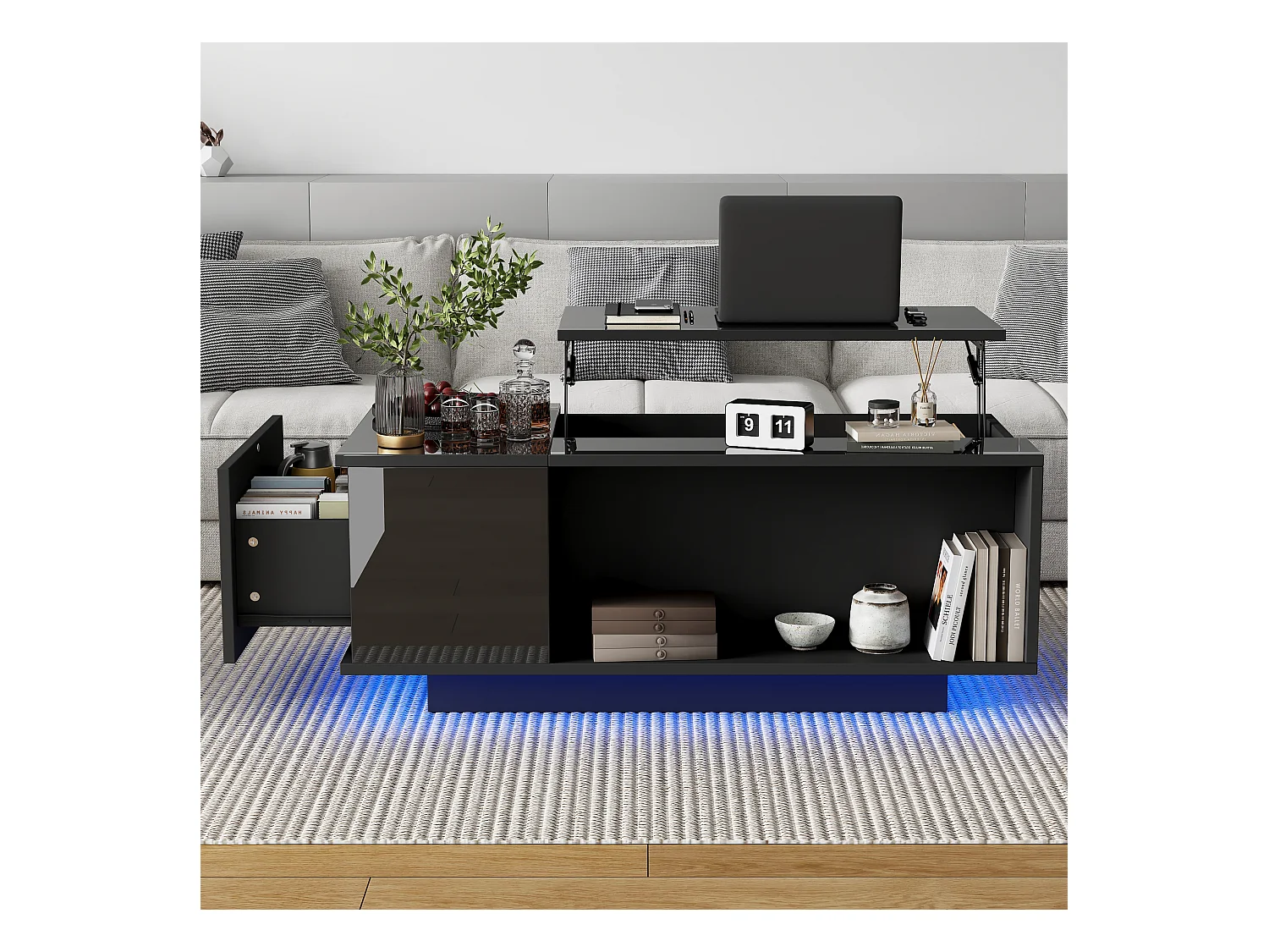 Salontafel 100x50x40 cm LED verstelbare lade geïntegreerde opbergdoos zwart moderne woonkamer