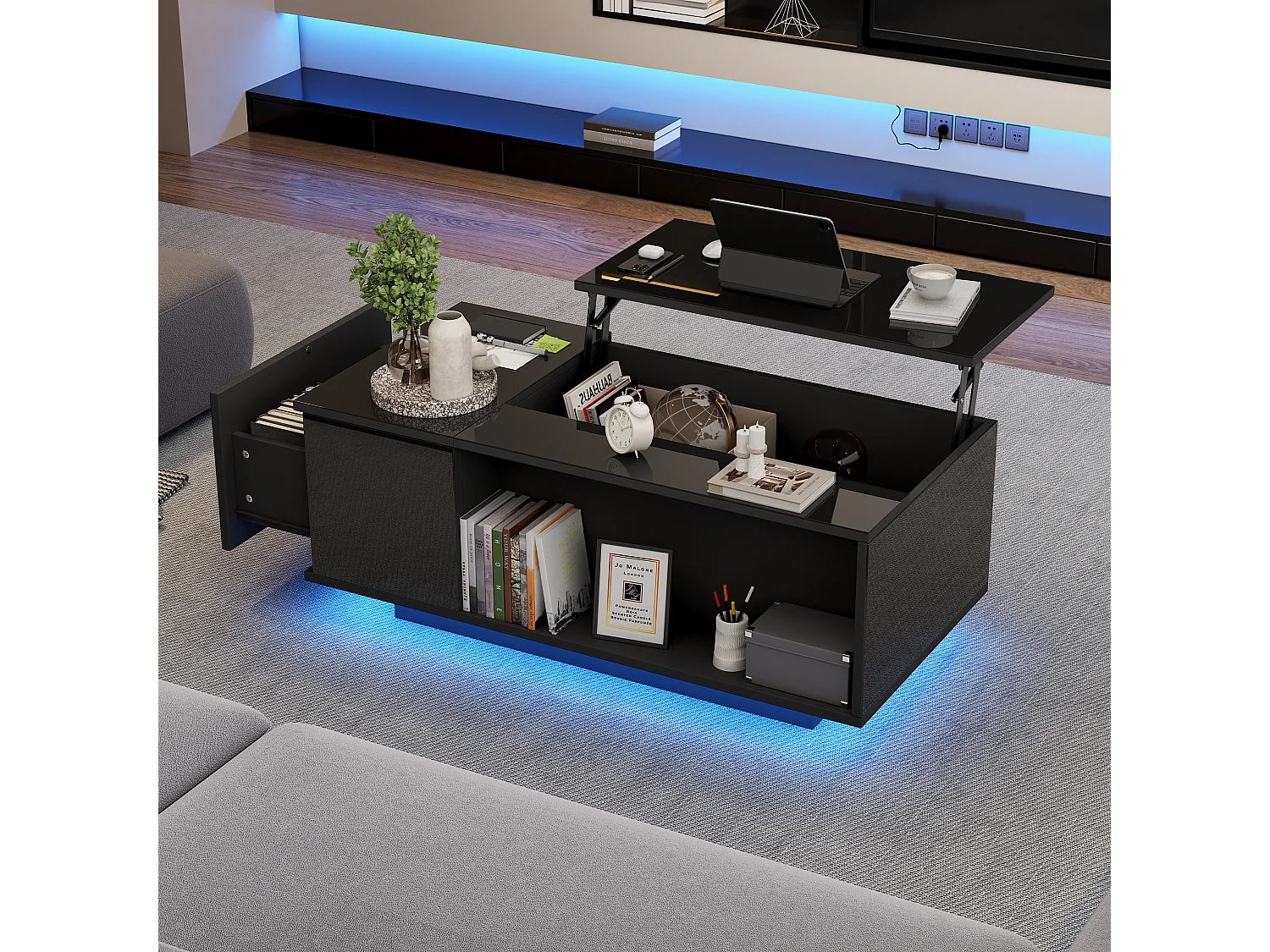 Table basse 100x50x40 cm LED réglable tiroir rangement intégré prise noir salon contemporain