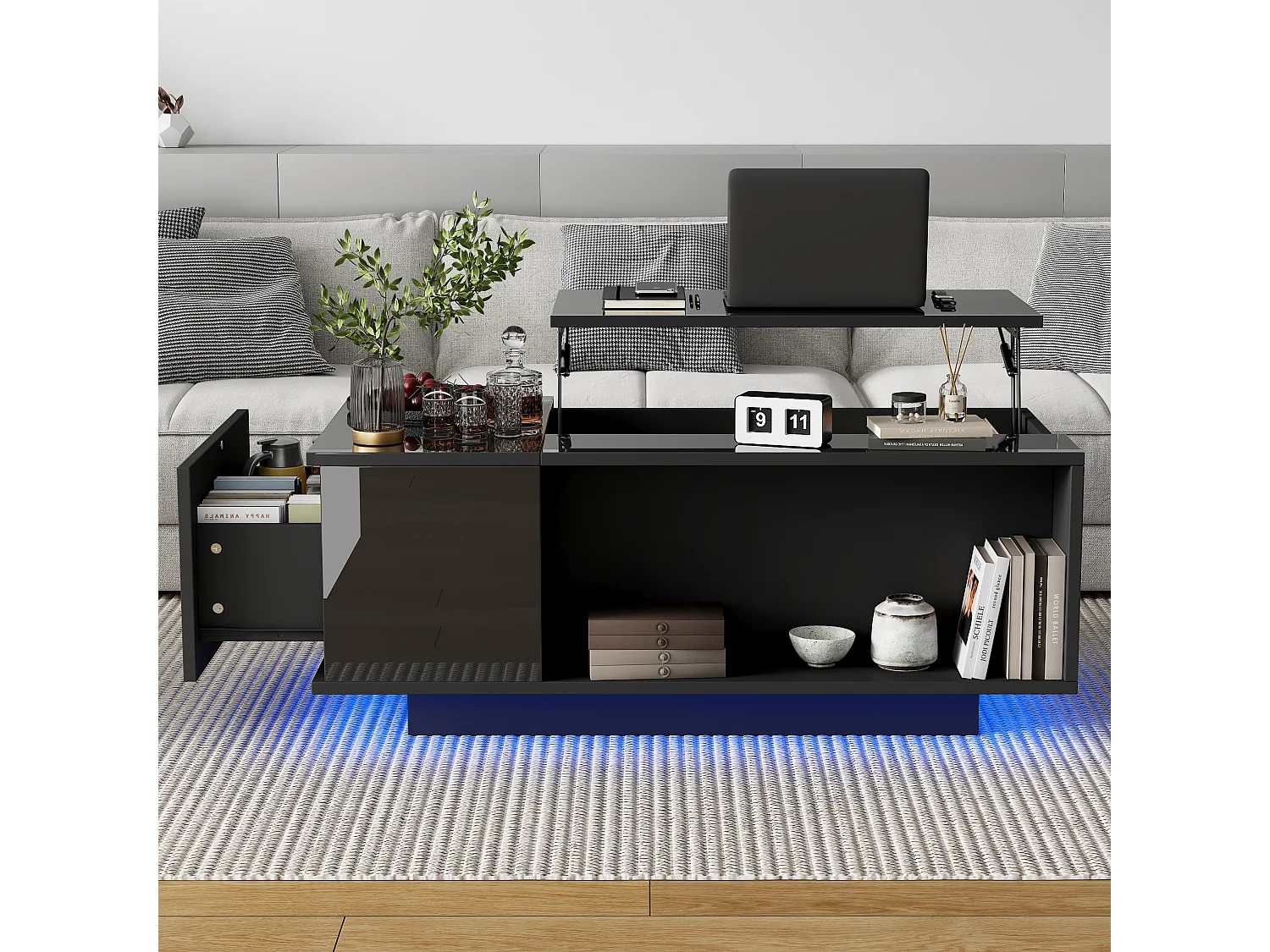 Table basse 100x50x40 cm LED réglable tiroir rangement intégré prise noir salon contemporain