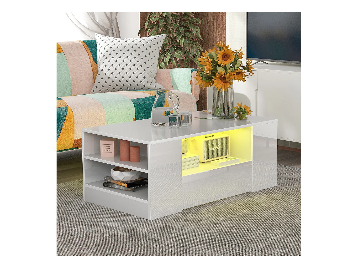 Table basse moderne 95x53x37cm finition brillante 2 tiroirs 2 étagères Blanc pour salon