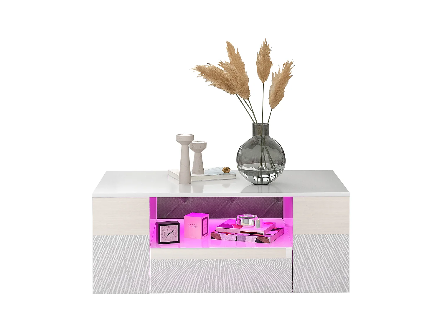 Table basse moderne 95x53x37cm finition brillante 2 tiroirs 2 étagères Blanc pour salon