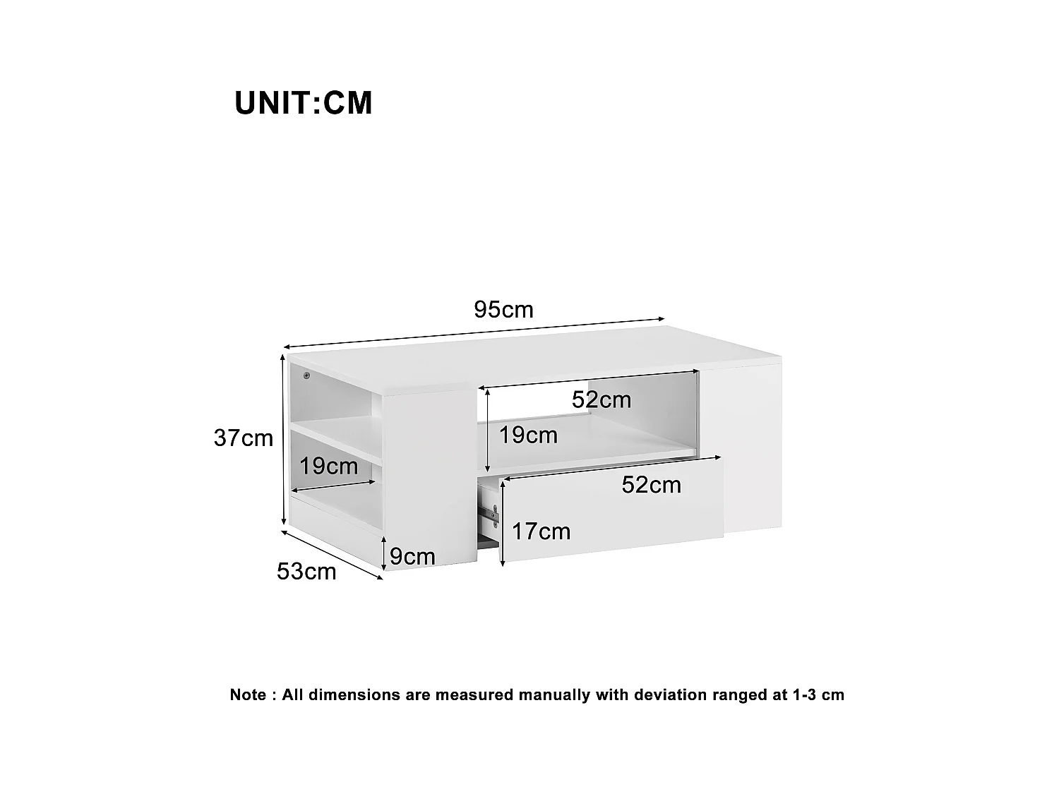 Table basse moderne 95x53x37cm finition brillante 2 tiroirs 2 étagères Blanc pour salon