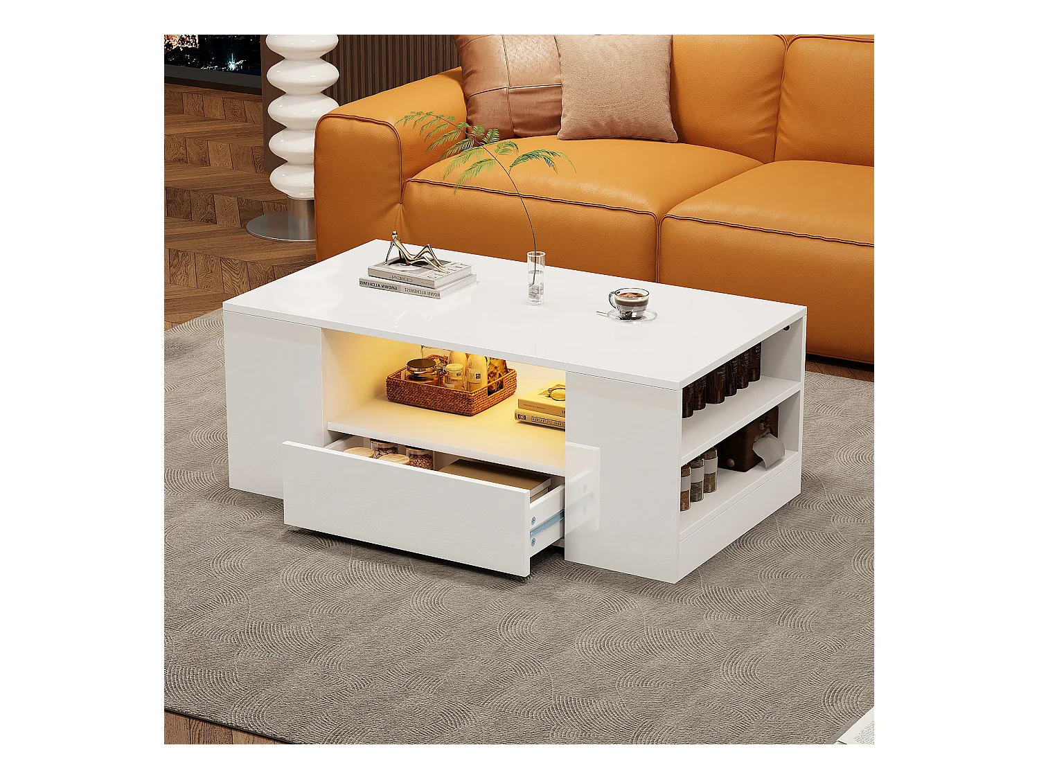 Table basse moderne 95x53x37cm finition brillante 2 tiroirs 2 étagères Blanc pour salon