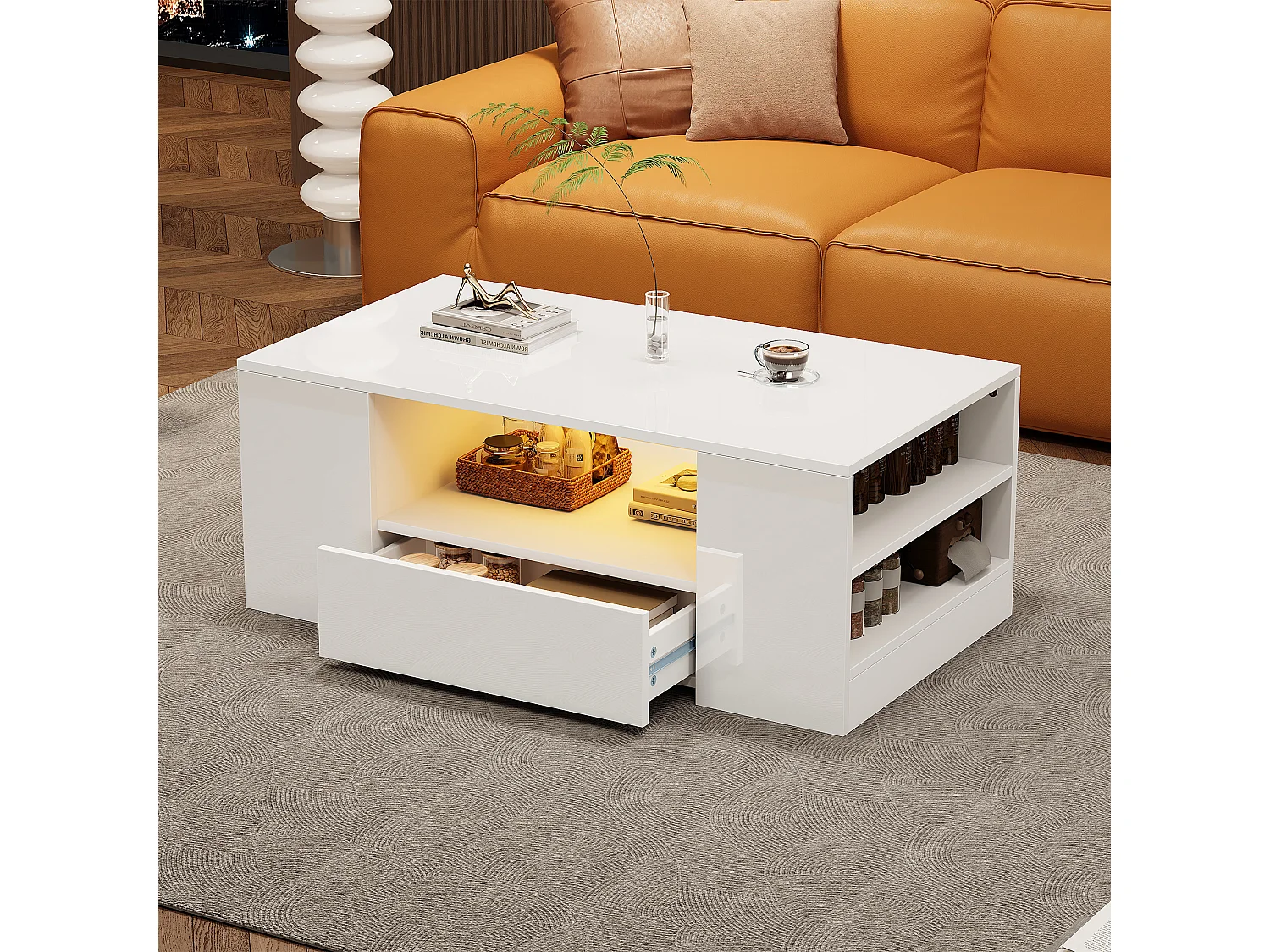 Table basse moderne 95x53x37cm finition brillante 2 tiroirs 2 étagères Blanc pour salon