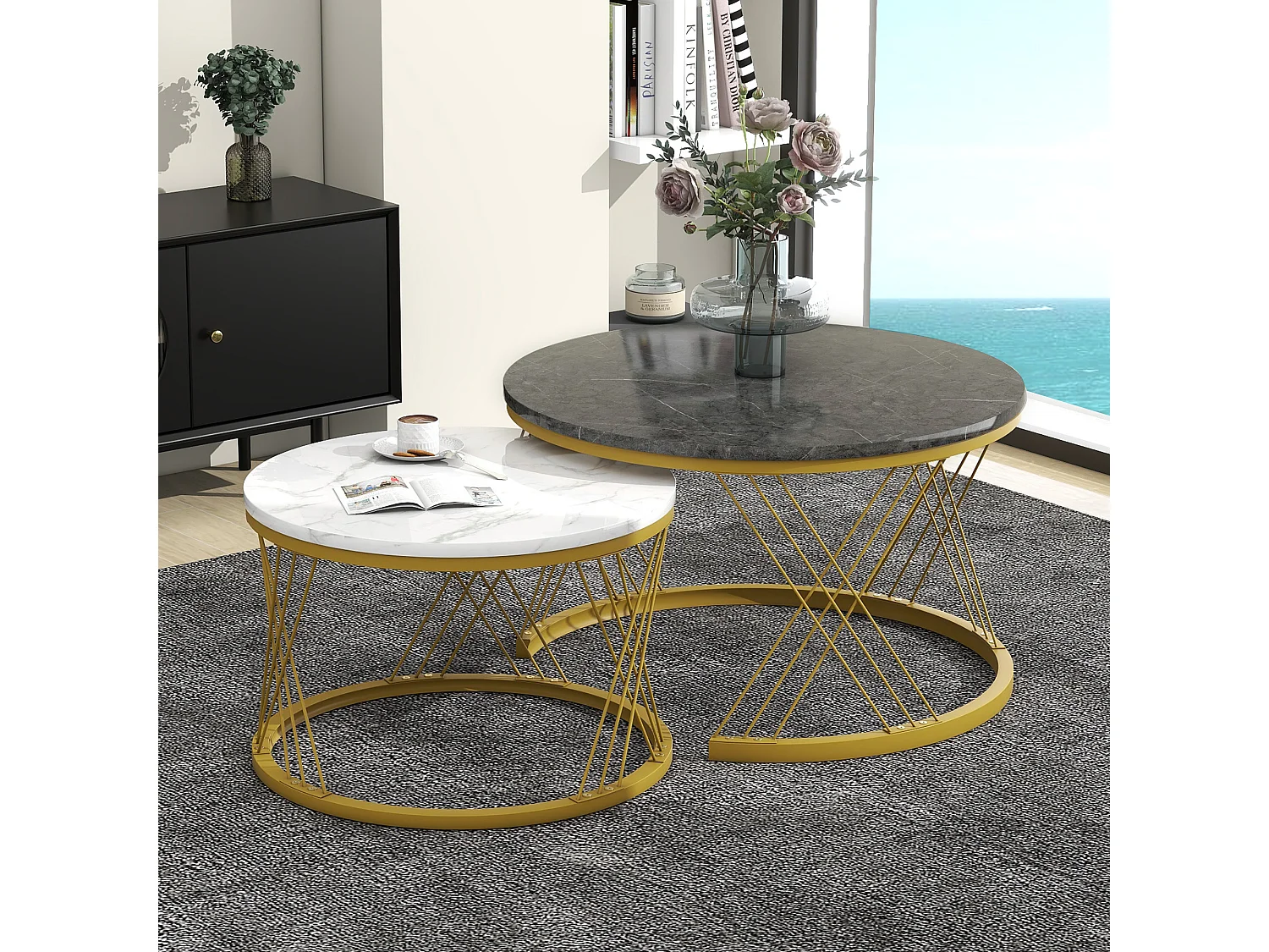 Table basse 70x70x45cm/45x45x40cm ensemble salon, style moderne luxe léger, stable et polyvalent, MDF, gris