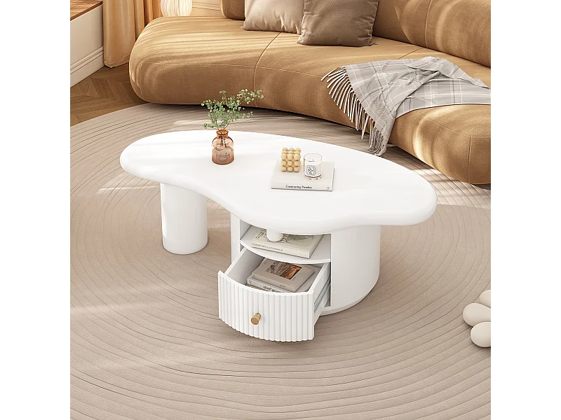 Table basse 110x60x37.5 cm forme nuage irrégulière plateau MDF avec tiroir Blanc pour salon