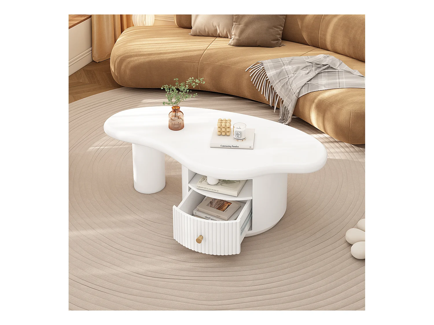 Salontafel 110x60x375 cm onregelmatige wolkvorm MDF blad met lade Wit voor woonkamer