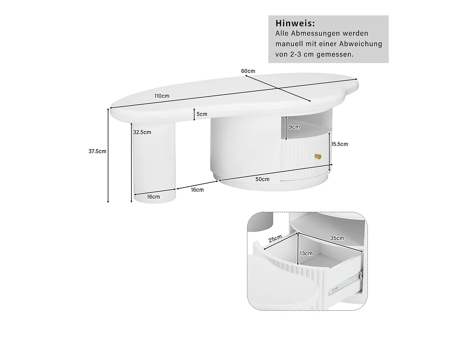 Salontafel 110x60x375 cm onregelmatige wolkvorm MDF blad met lade Wit voor woonkamer
