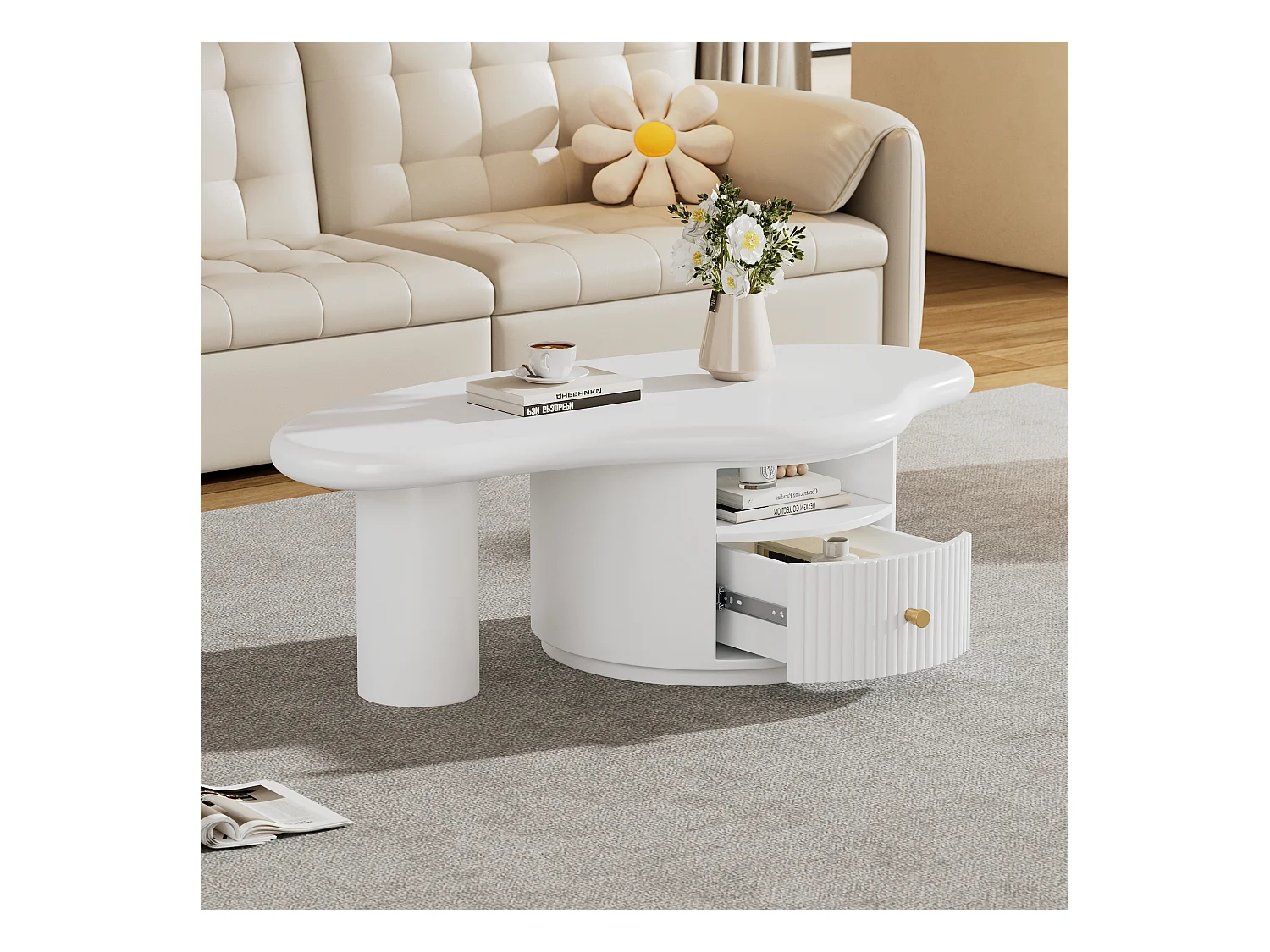 Salontafel 110x60x375 cm onregelmatige wolkvorm MDF blad met lade Wit voor woonkamer