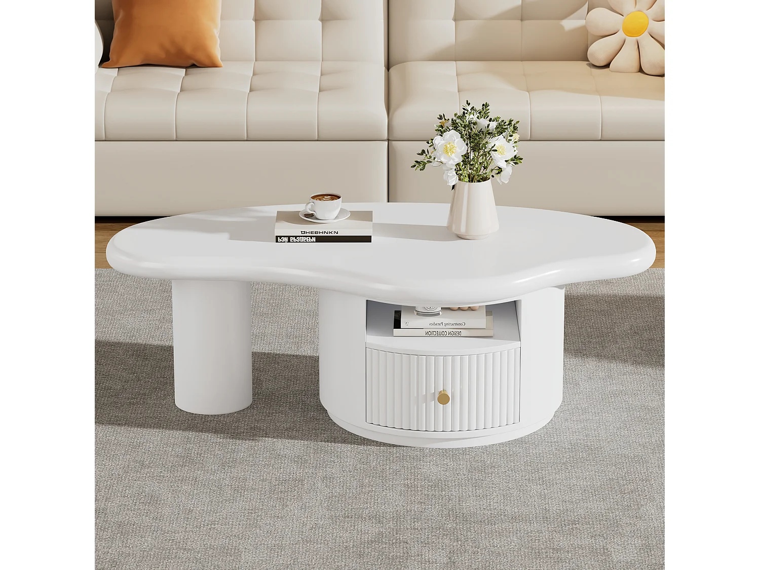 Table basse 110x60x37.5 cm forme nuage irrégulière plateau MDF avec tiroir Blanc pour salon