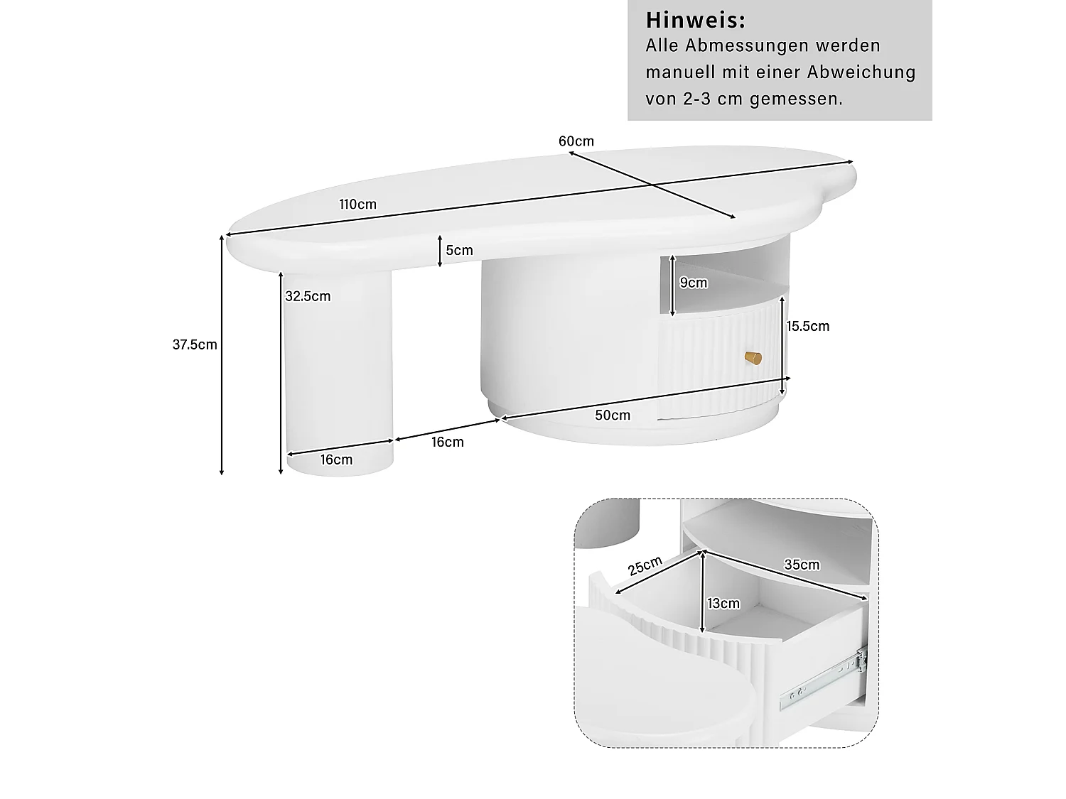 Table basse 110x60x37.5 cm forme nuage irrégulière plateau MDF avec tiroir Blanc pour salon