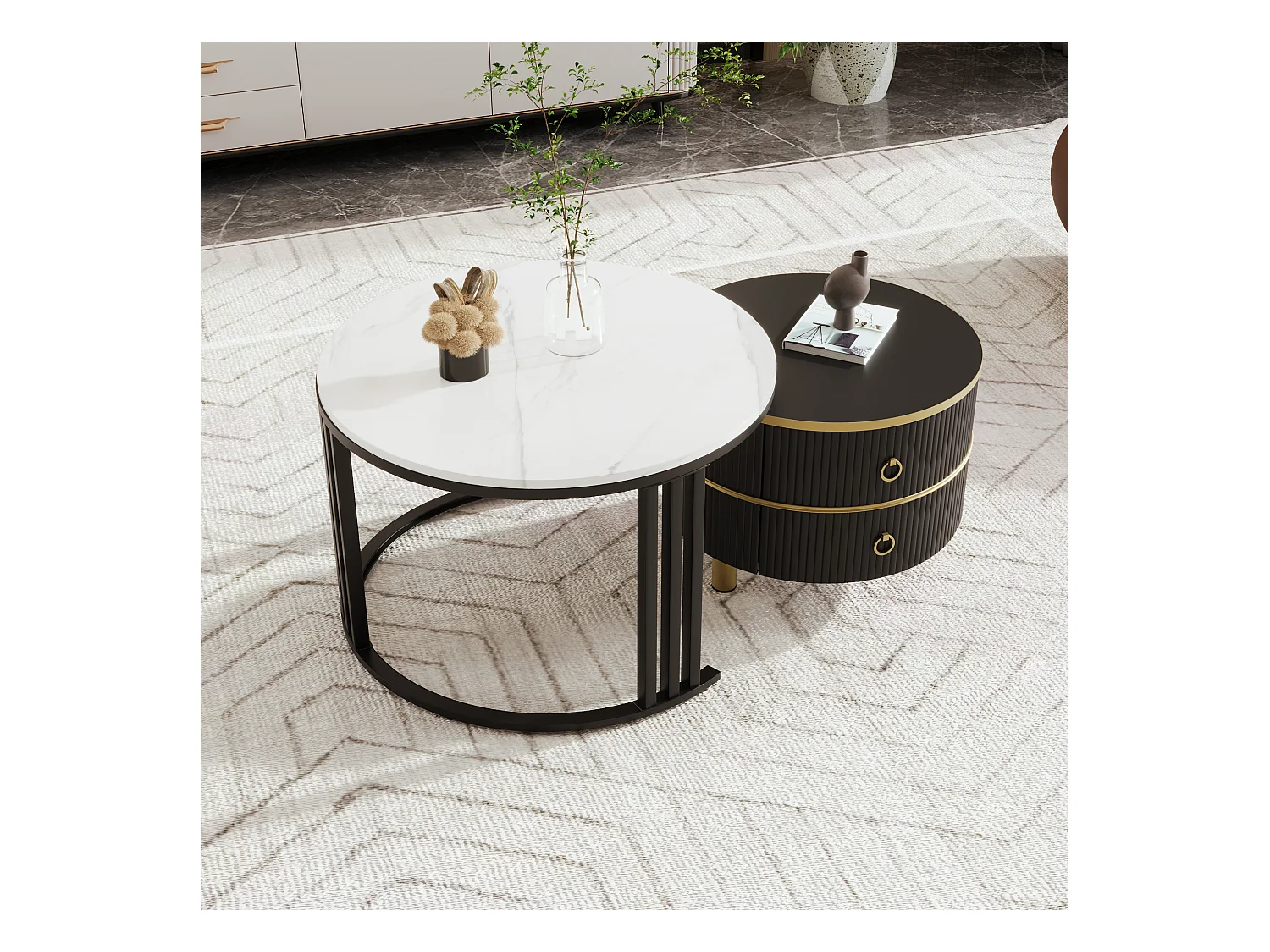 Set van twee tafels 70x70x46cm met twee laden twee tafelbladen en opslagruimte brengen Materiaal MDF en zwart