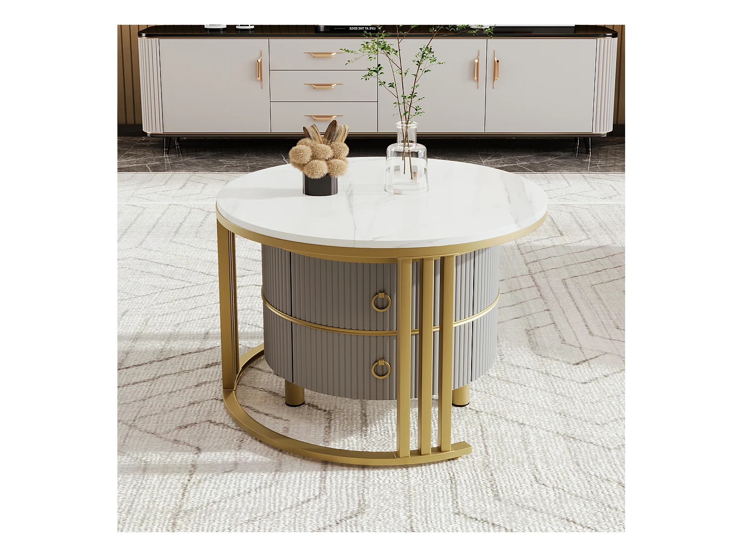 Set van twee tafels 70x70x46cm met ronde vorm twee laden twee werkbladen en opslagruimte brengen Materiaal MDF en grijs