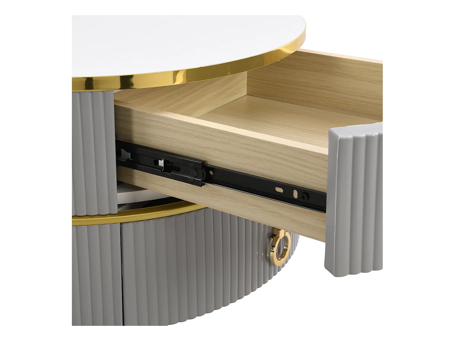 Set van twee tafels 70x70x46cm met ronde vorm twee laden twee werkbladen en opslagruimte brengen Materiaal MDF en grijs