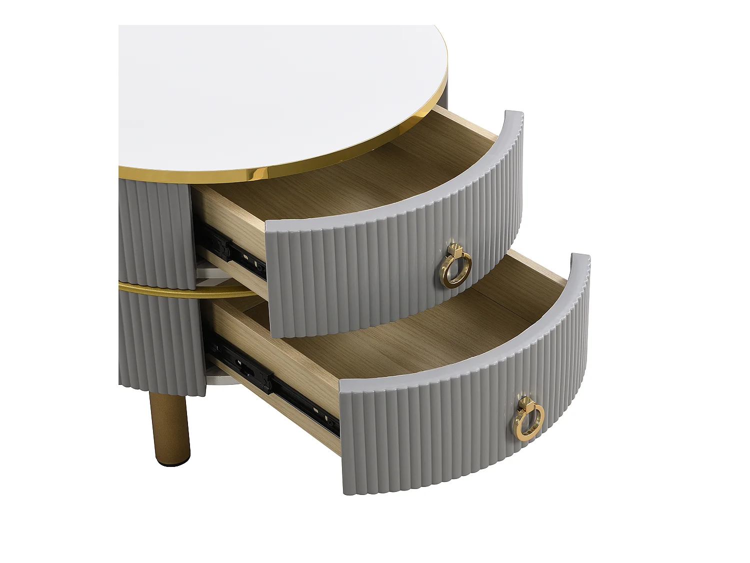 Set van twee tafels 70x70x46cm met ronde vorm twee laden twee werkbladen en opslagruimte brengen Materiaal MDF en grijs