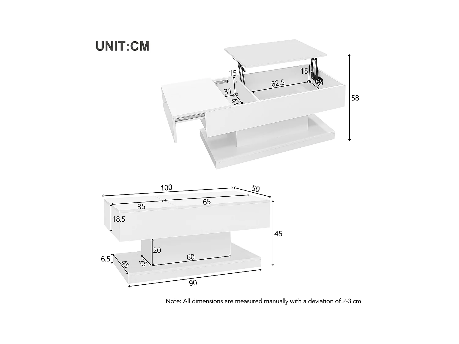 Salontafel 100x50x45 cm glanzend gelakt LED geïntegreerde hydraulische opbergruimte Wit voor woonkamer