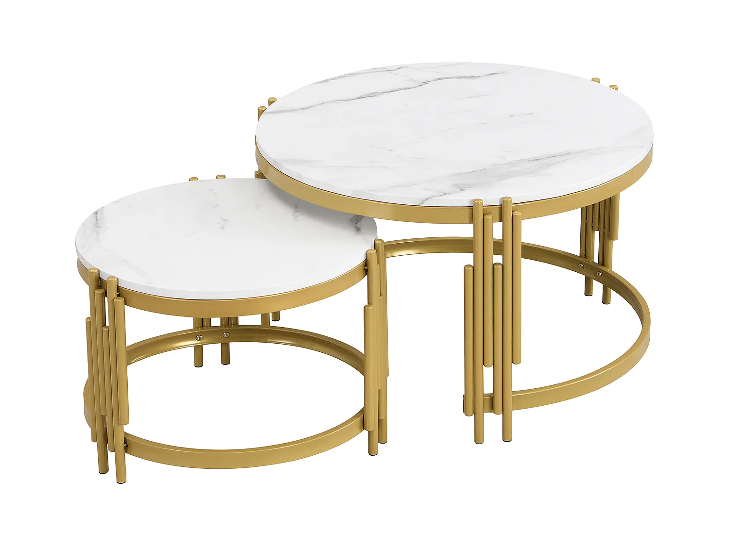 Set van 2 salontafels, 71,5x71,5x44 cm, met grote en kleine tafels, gemaakt van MDF en metaal in de kleur wit, voor woonkamer en kantoor