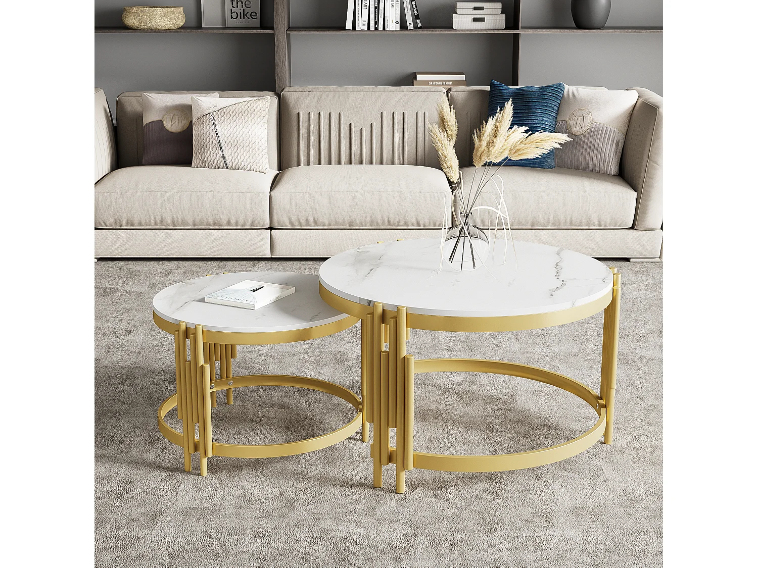 Lot de 2 tables basses 71.5x71.5x44 cm avec des tables grandes et petites matériaux MDF et métalliques en blanc pour salon et bureau