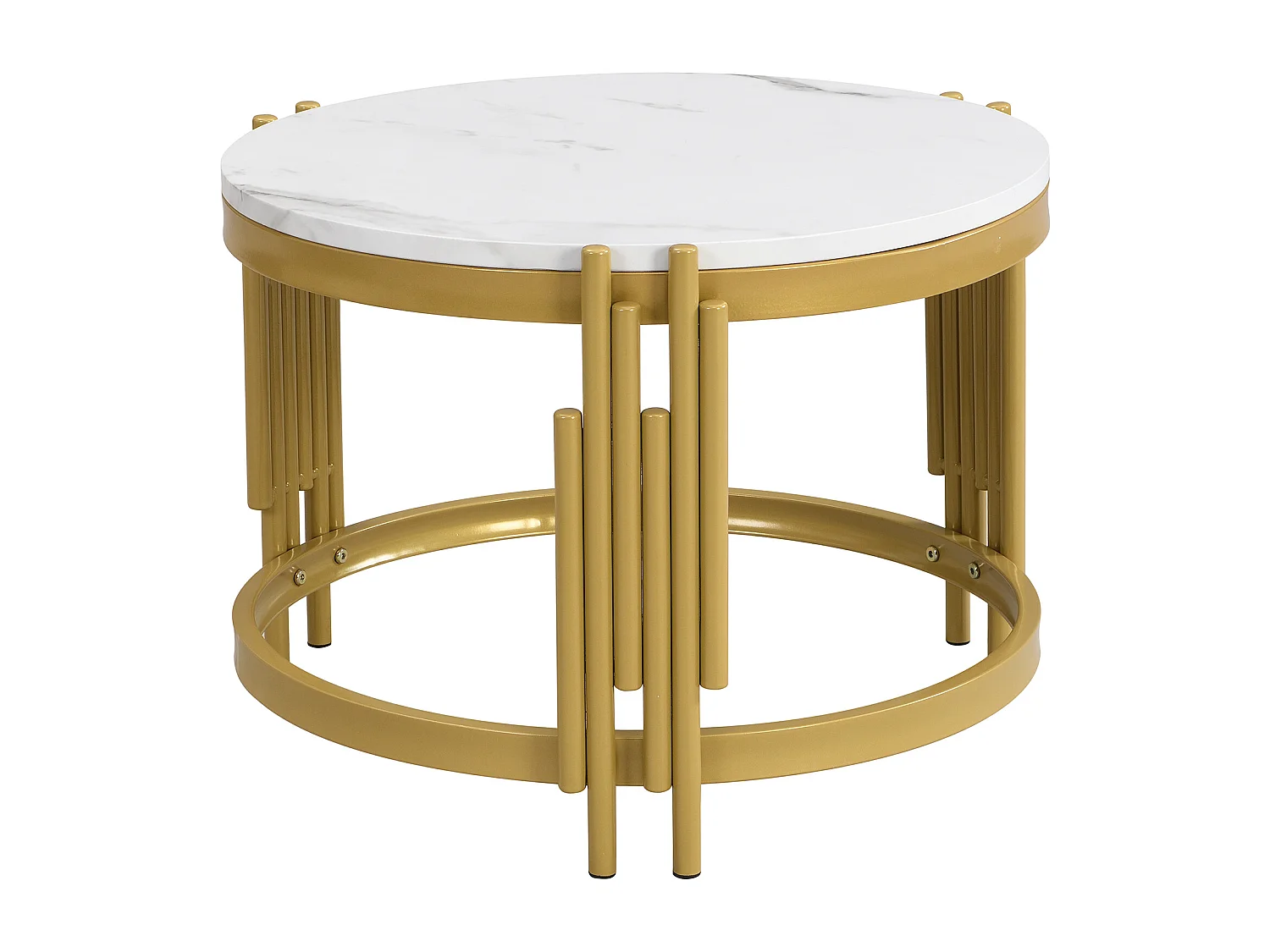 Lot de 2 tables basses gigognes 71.5x71.5x44 cm, design modulable, pieds ondulés, MDF et métal, blanc et laiton antique