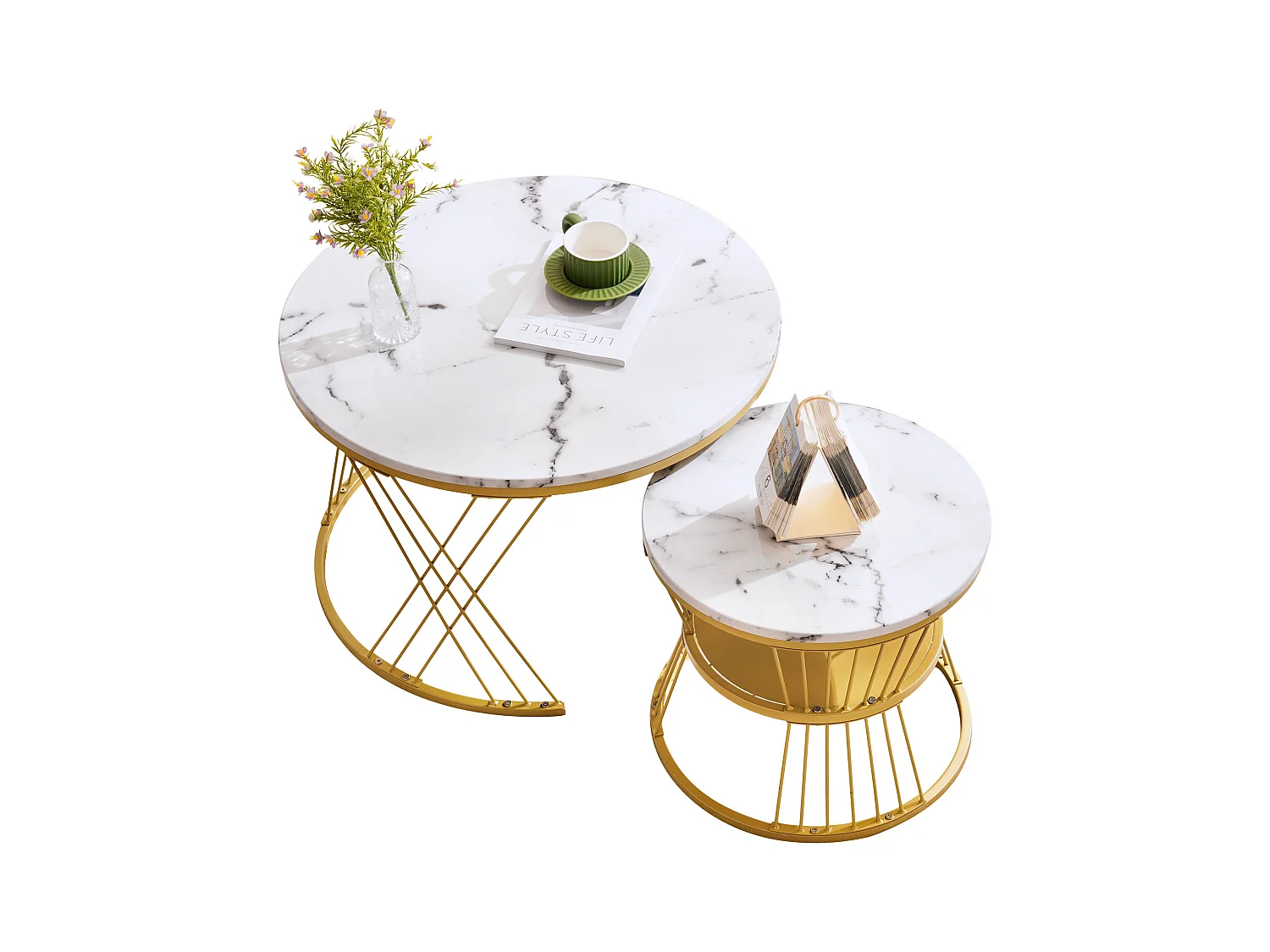 Set van 2 ronde salontafels met glanzend marmereffect en gouden frame woonkamer wit