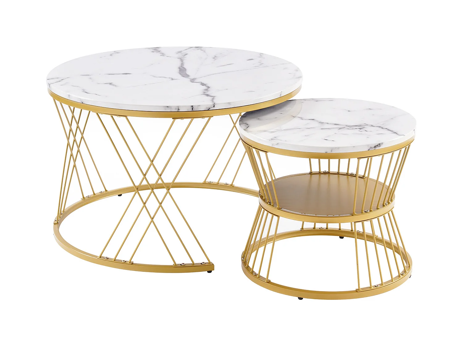 Set van 2 ronde salontafels met glanzend marmereffect en gouden frame woonkamer wit