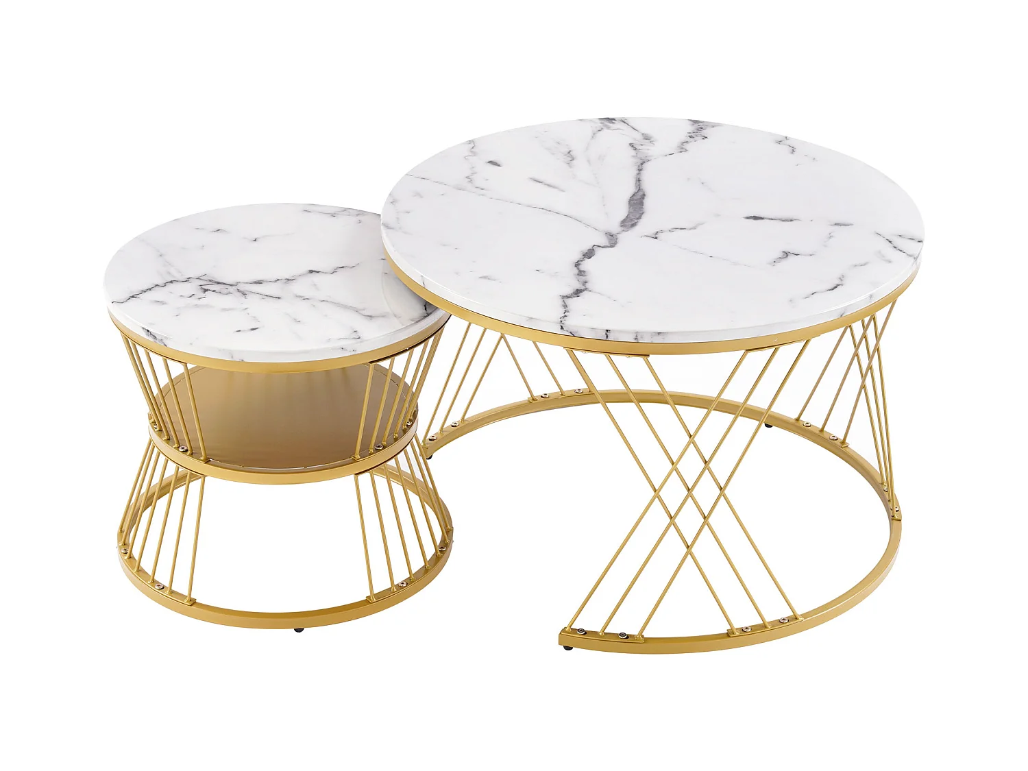 Set van 2 ronde salontafels met glanzend marmereffect en gouden frame woonkamer wit