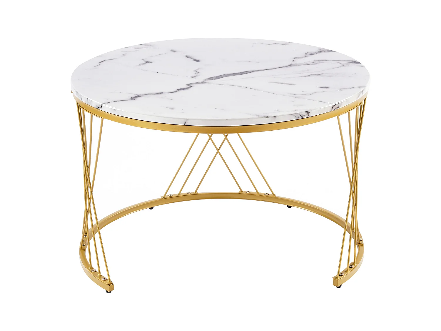 Set van 2 ronde salontafels met glanzend marmereffect en gouden frame woonkamer wit