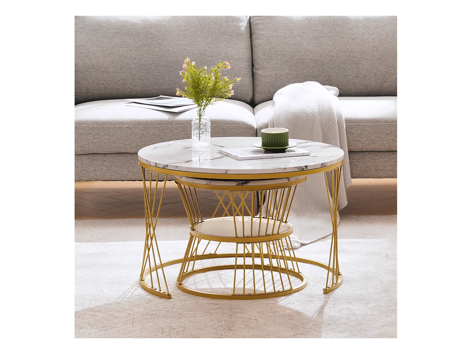 Set van 2 ronde salontafels met glanzend marmereffect en gouden frame woonkamer wit