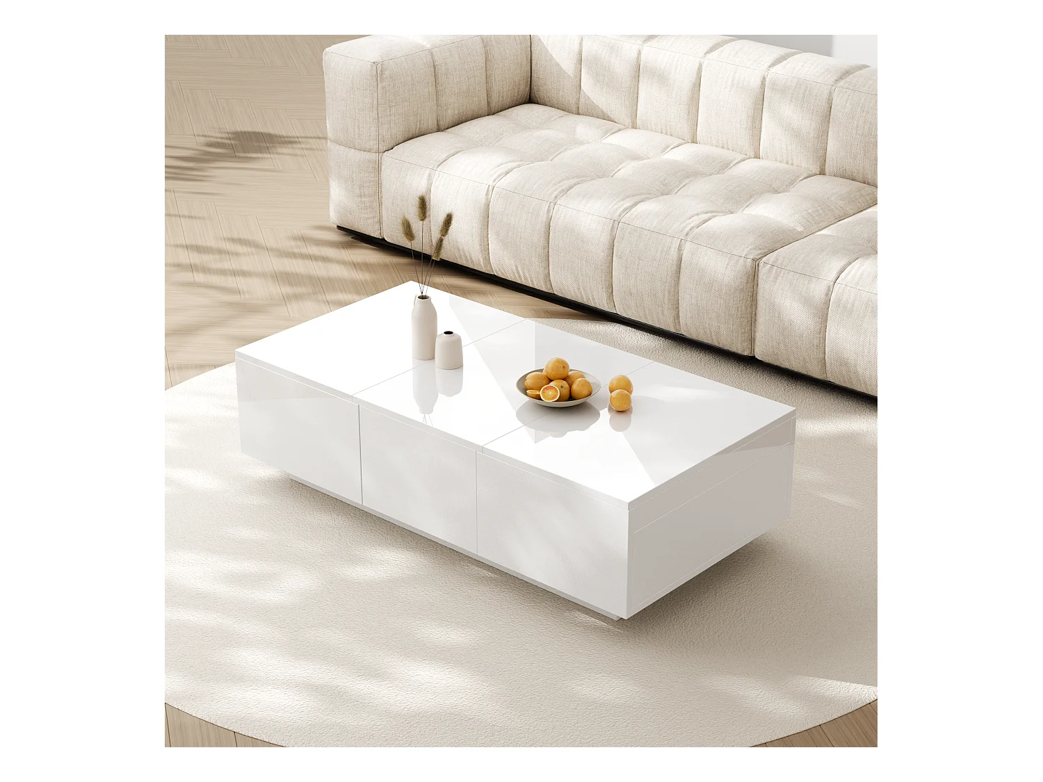 Salontafel 100x50x31cm met hoogglans tafelblad verborgen opslagvakken en twee laden brengen Materiaal Spaanplaat en Wit