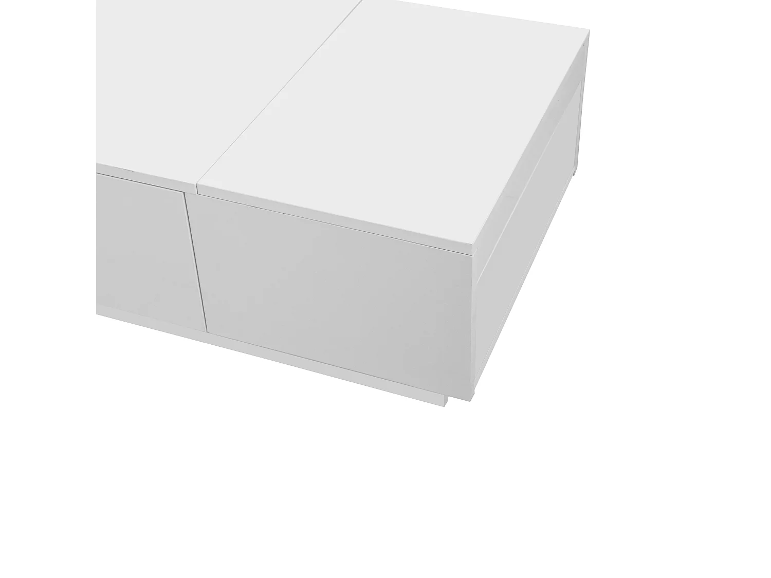 Table basse 100x50x31cm Plateau brillant compartiment de rangement caché et tiroirs doubles Panneau de particules Blanc