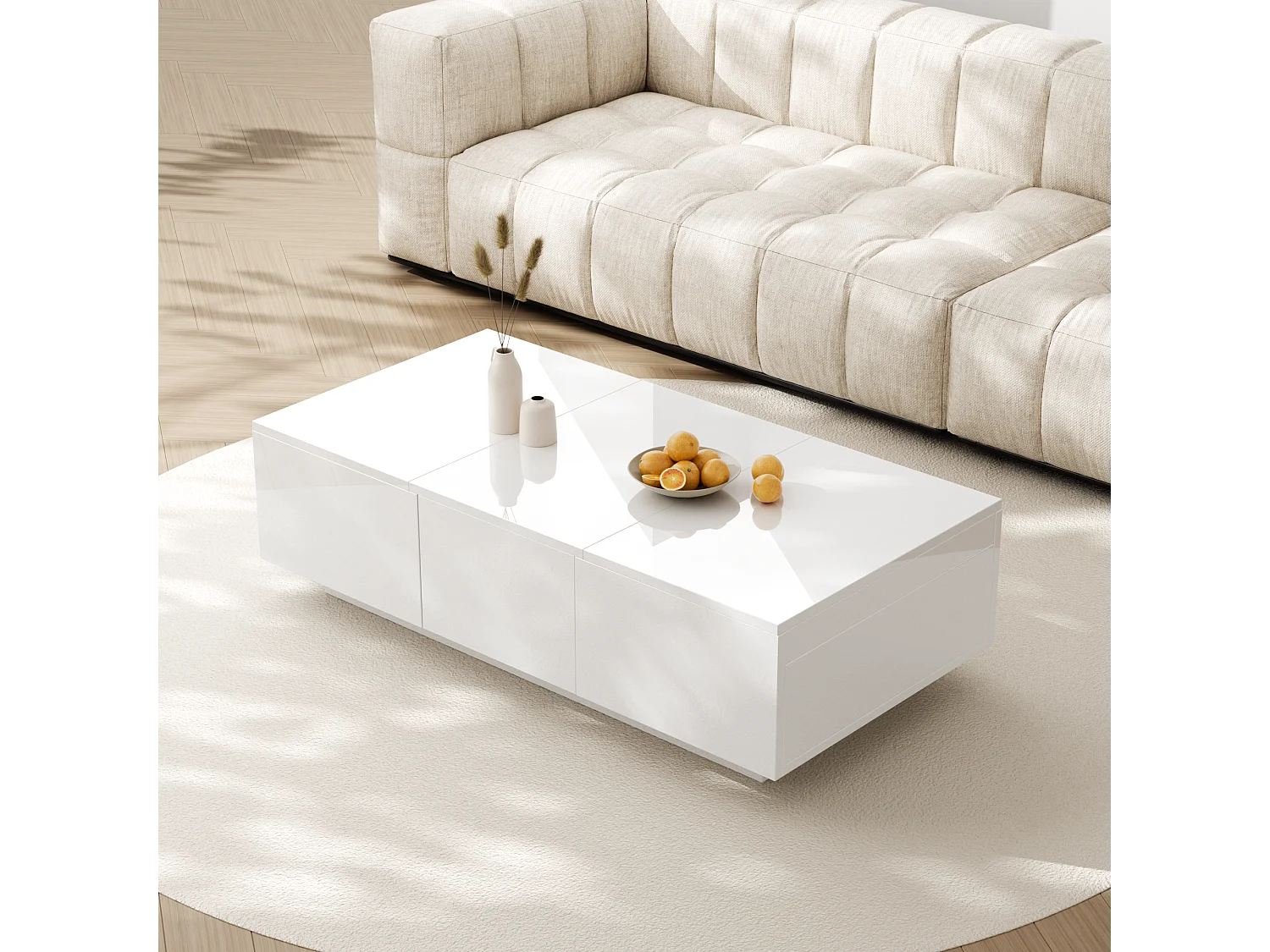 Table basse 100x50x31cm Plateau brillant compartiment de rangement caché et tiroirs doubles Panneau de particules Blanc