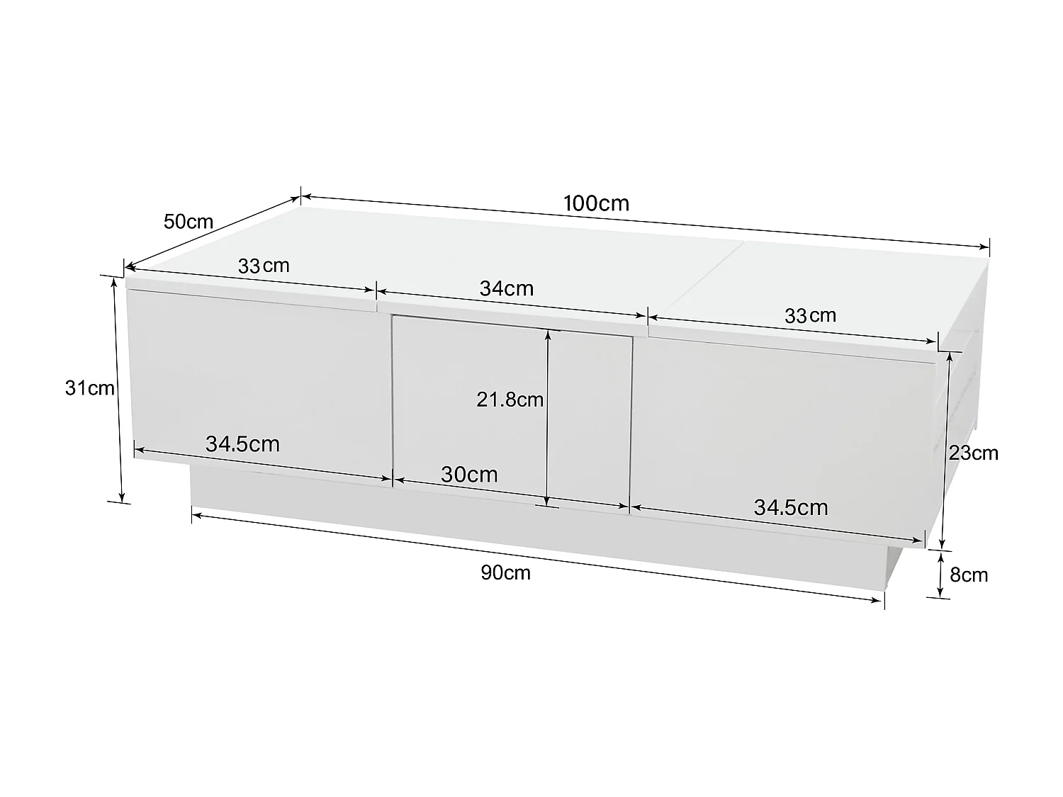 Table basse 100x50x31 cm, rangement push pull, tiroirs double face, panneau de particules, blanc