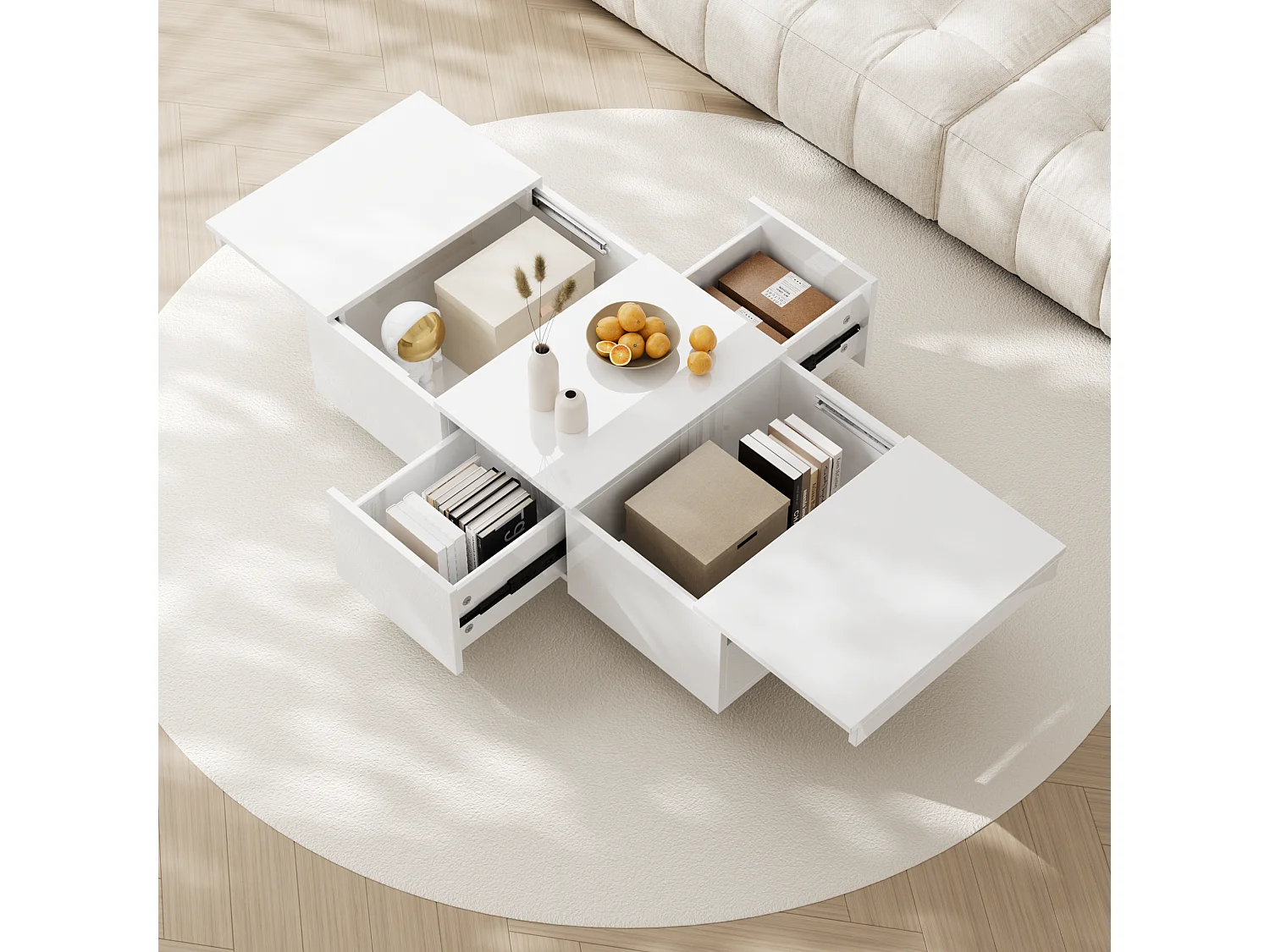 Table basse 100x50x31 cm, rangement push pull, tiroirs double face, panneau de particules, blanc