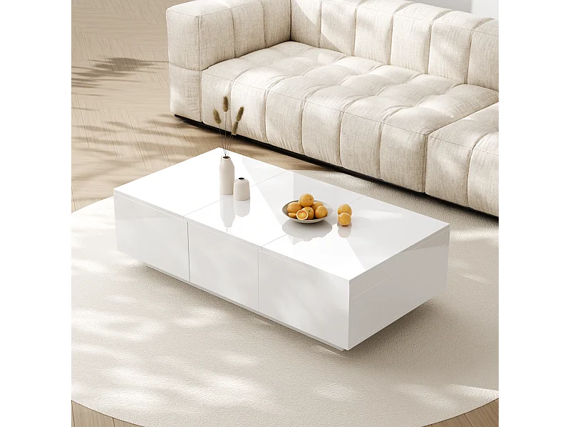 Table basse 100x50x31cm Plateau brillant compartiment de rangement caché et tiroirs doubles Panneau de particules Blanc