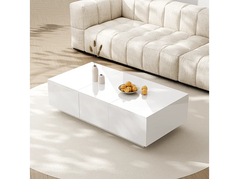 Table basse 100x50x31cm Plateau brillant compartiment de rangement caché et tiroirs doubles Panneau de particules Blanc