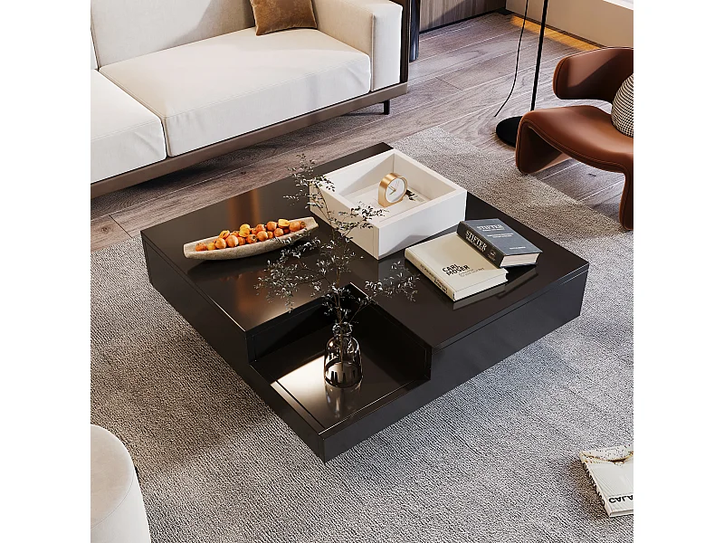 Salontafel 72x72x30cm met LED verlichting en losneembare opslagdozen brengen Materiaal Spaanplaat en zwart