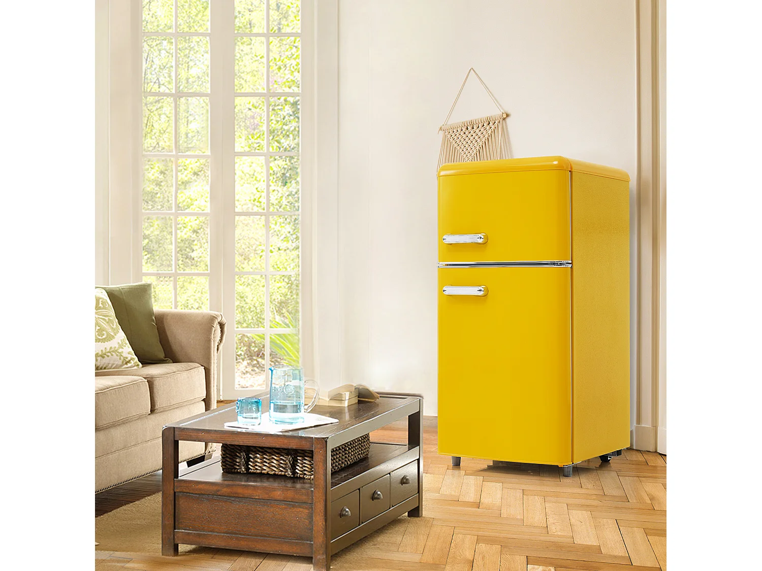 Réfrigérateur 46x45x91cm 2 Portes 72L Total 21L Congélateur LED Espace de rangement Matériel Iron et Jaune