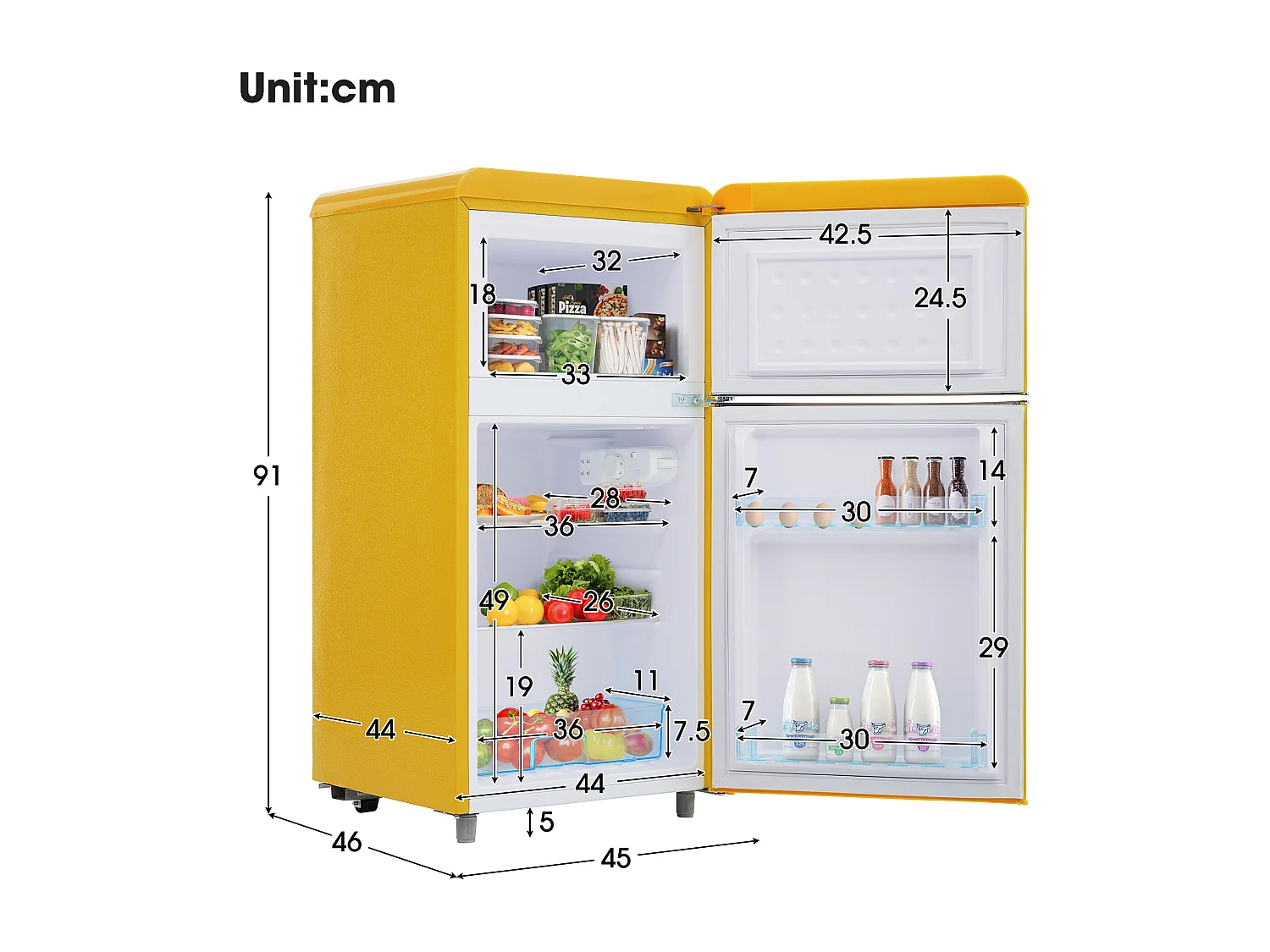 Réfrigérateur 46x45x91cm 2 Portes 72L Total 21L Congélateur LED Espace de rangement Matériel Iron et Jaune