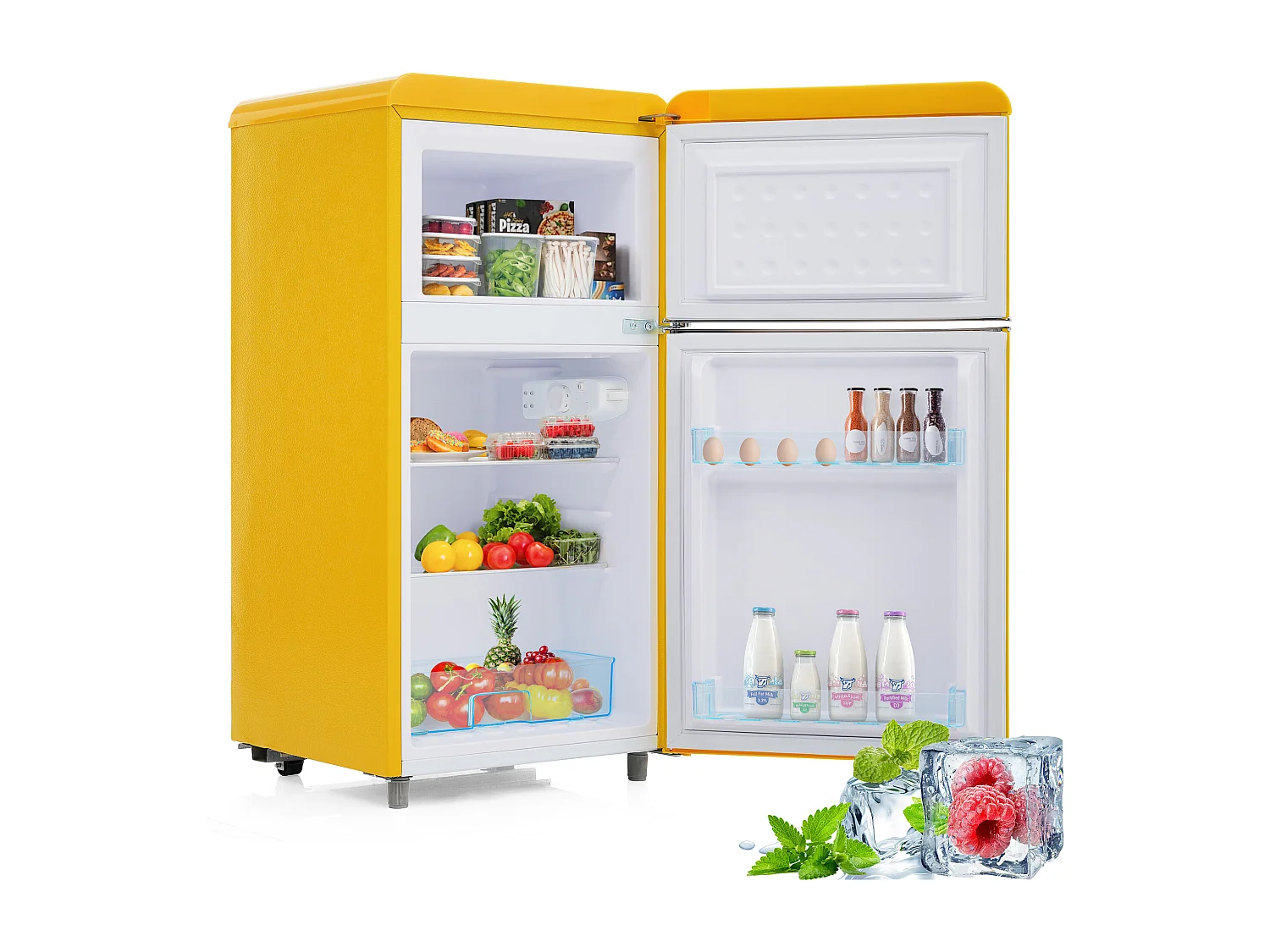 Réfrigérateur 46x45x91cm 2 Portes 72L Total 21L Congélateur LED Espace de rangement Matériel Iron et Jaune