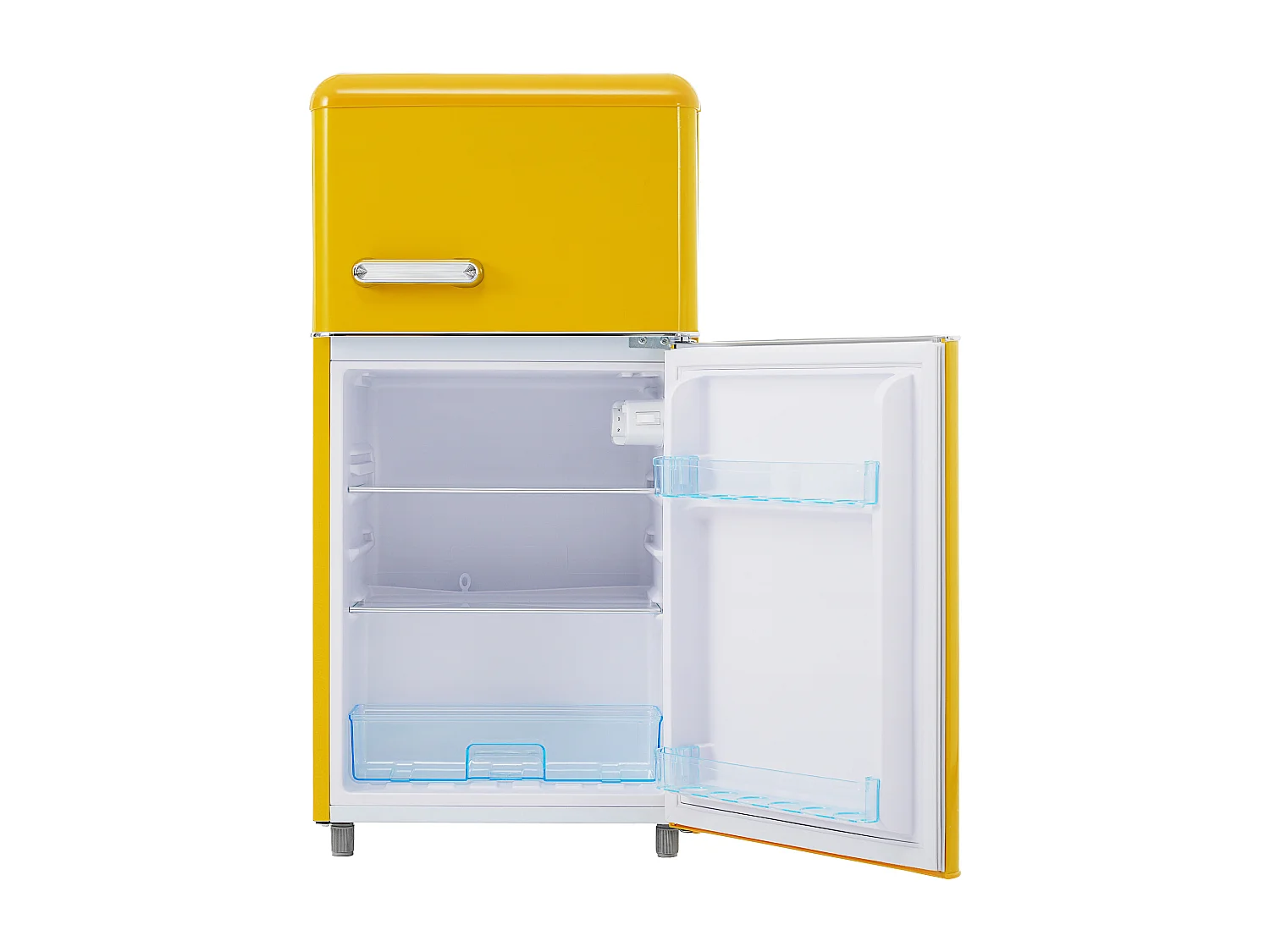 Réfrigérateur 46x45x91 cm, 72 L dont 21 L congélateur, étagères réglables, thermostat, fer plastique jaune