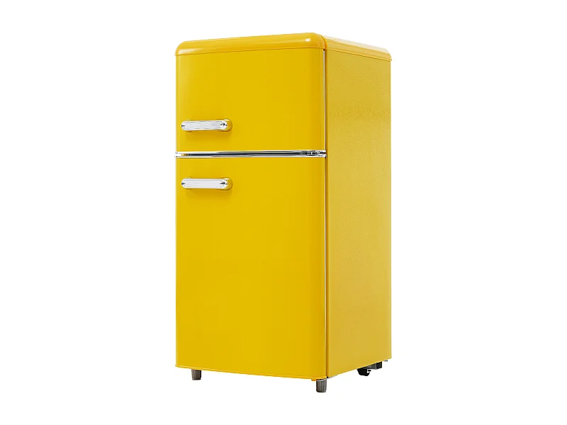 Réfrigérateur 46x45x91 cm, 72 L dont 21 L congélateur, étagères réglables, thermostat, fer plastique jaune