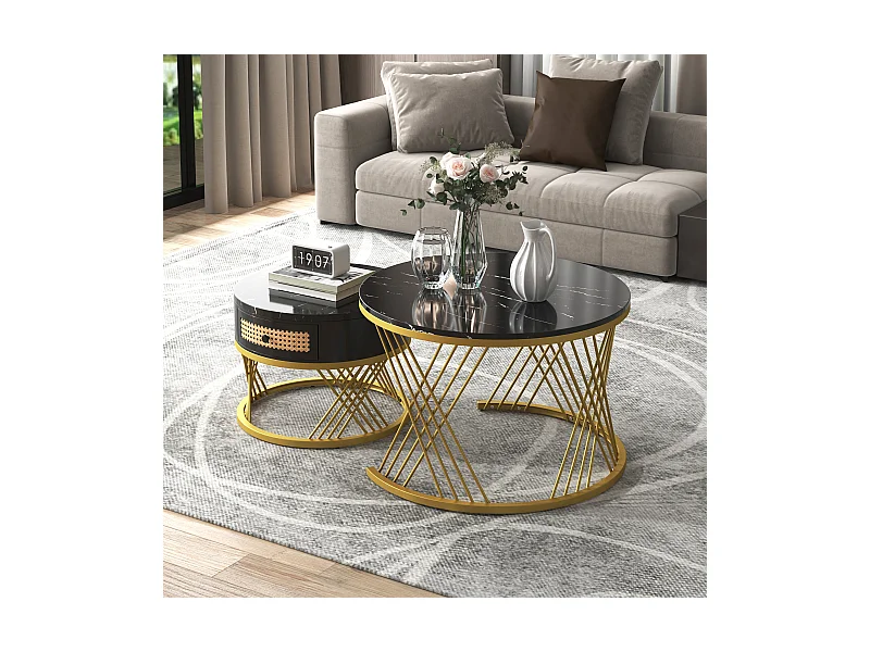 Salontafel 70x70x45.5cm met 2 delig set ronde salontafel 1 laad opslagruimte en ijzeren poten brengen Materiaal MDF en Zwart