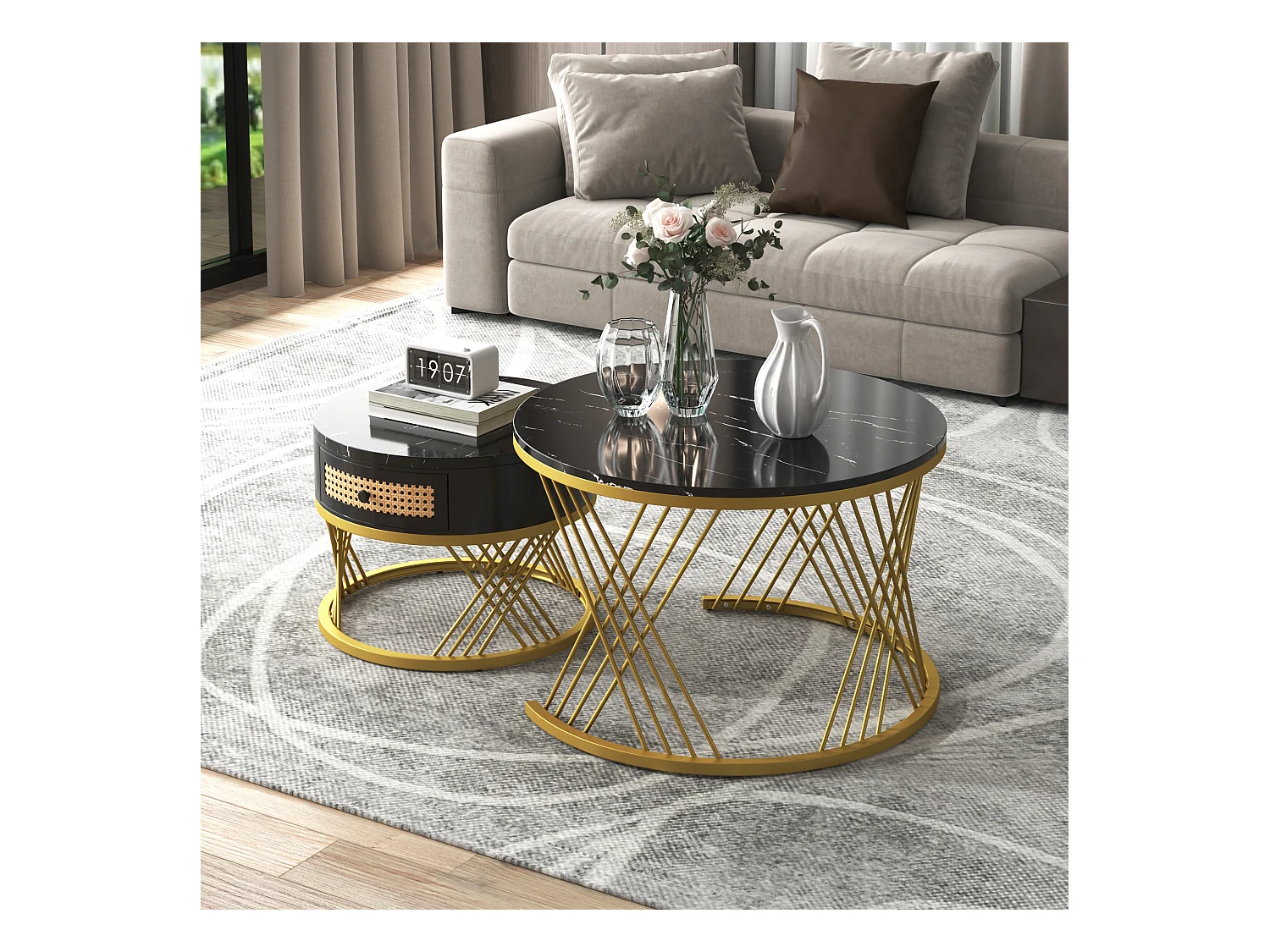 Salontafel 70x70x45.5cm met 2 delig set ronde salontafel 1 laad opslagruimte en ijzeren poten brengen Materiaal MDF en Zwart