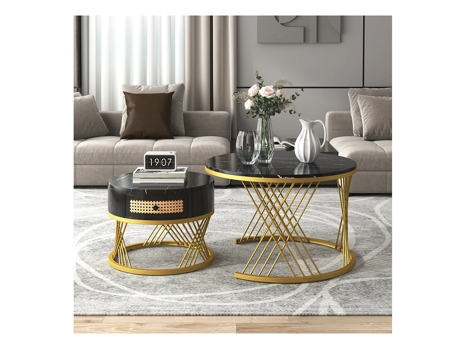 Salontafel 70x70x45.5cm met 2 delig set ronde salontafel 1 laad opslagruimte en ijzeren poten brengen Materiaal MDF en Zwart